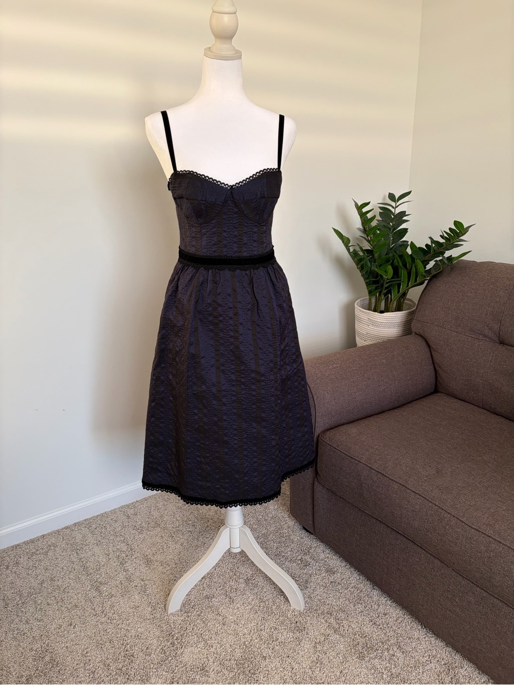 Nanette Lepore Black Sleeveless A-Line Midi Dress with Scallop Trim